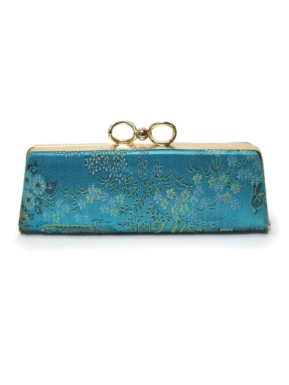 Vintage Blue Brocade Eyeglasses Case Hard Shell Gold Kiss Lock Clasp